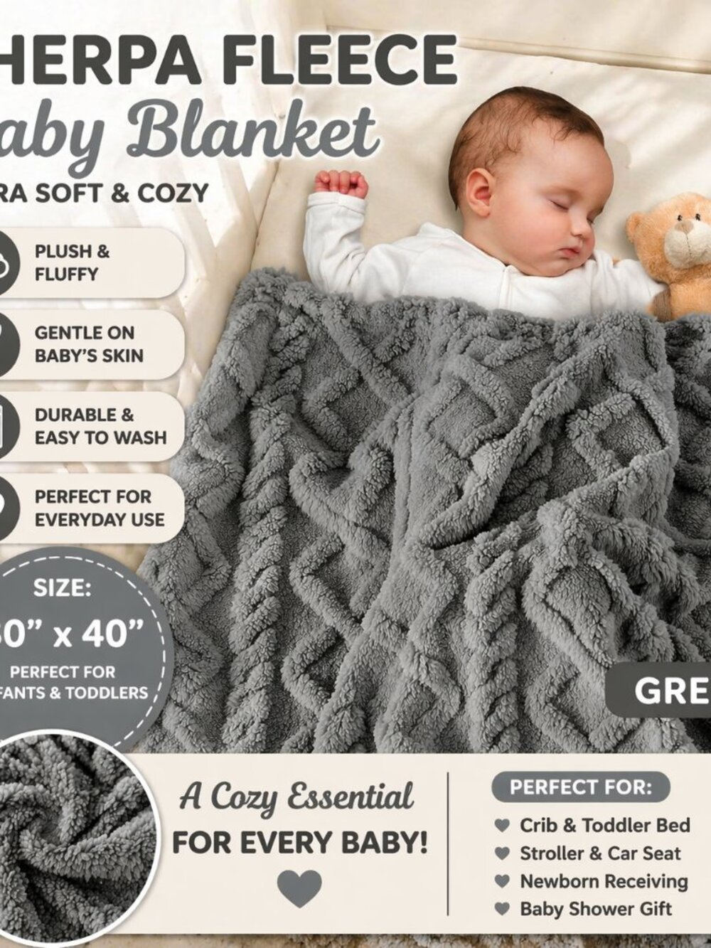 Sherpa Fleece Baby Blanket 30x40 Grey – Ultra Soft Plush Infant Toddler Blanket - Picture 3 of 5